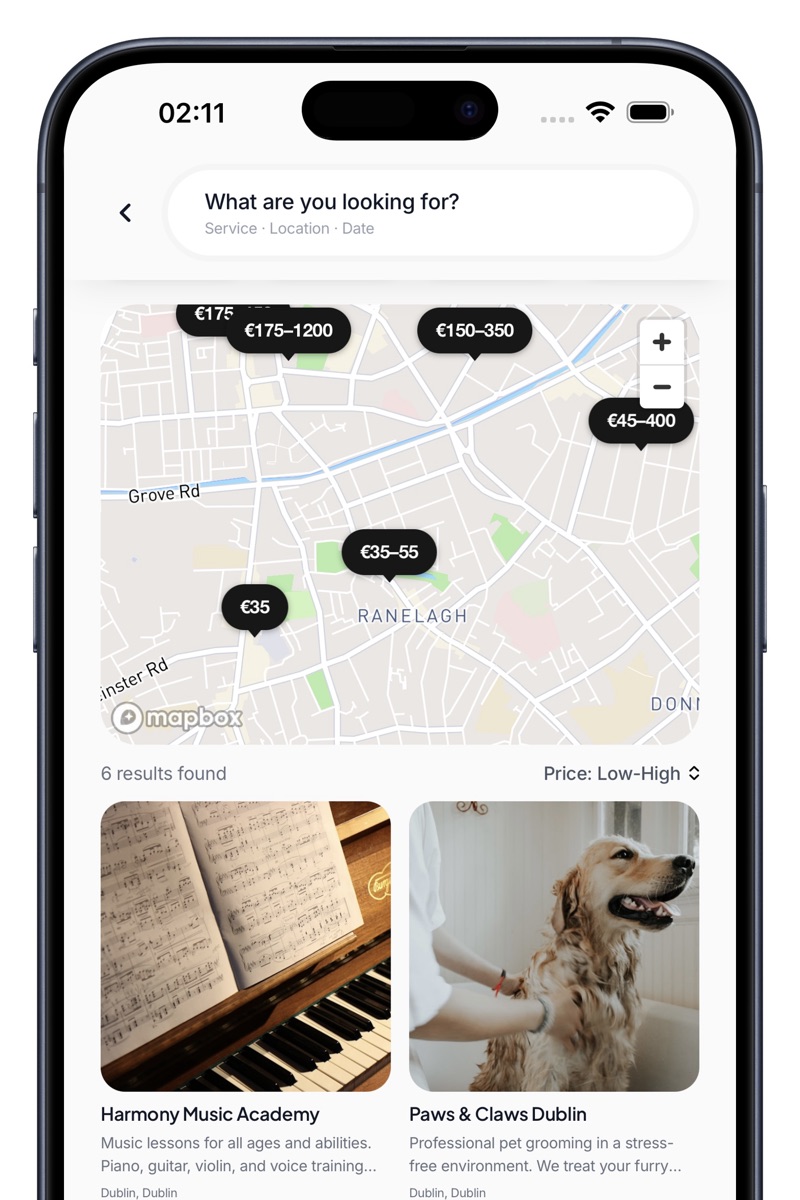 Localee customer app — search results with map