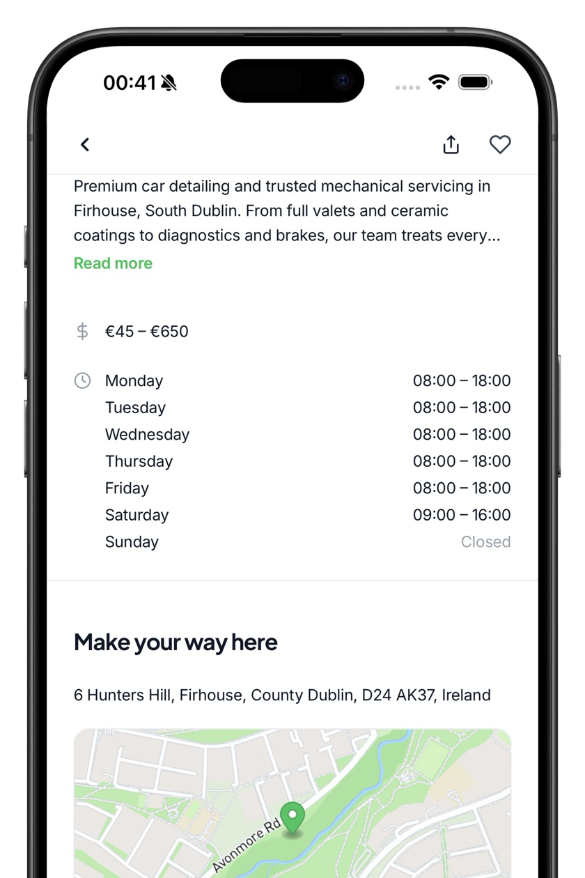 Customer app → business page → hours + map