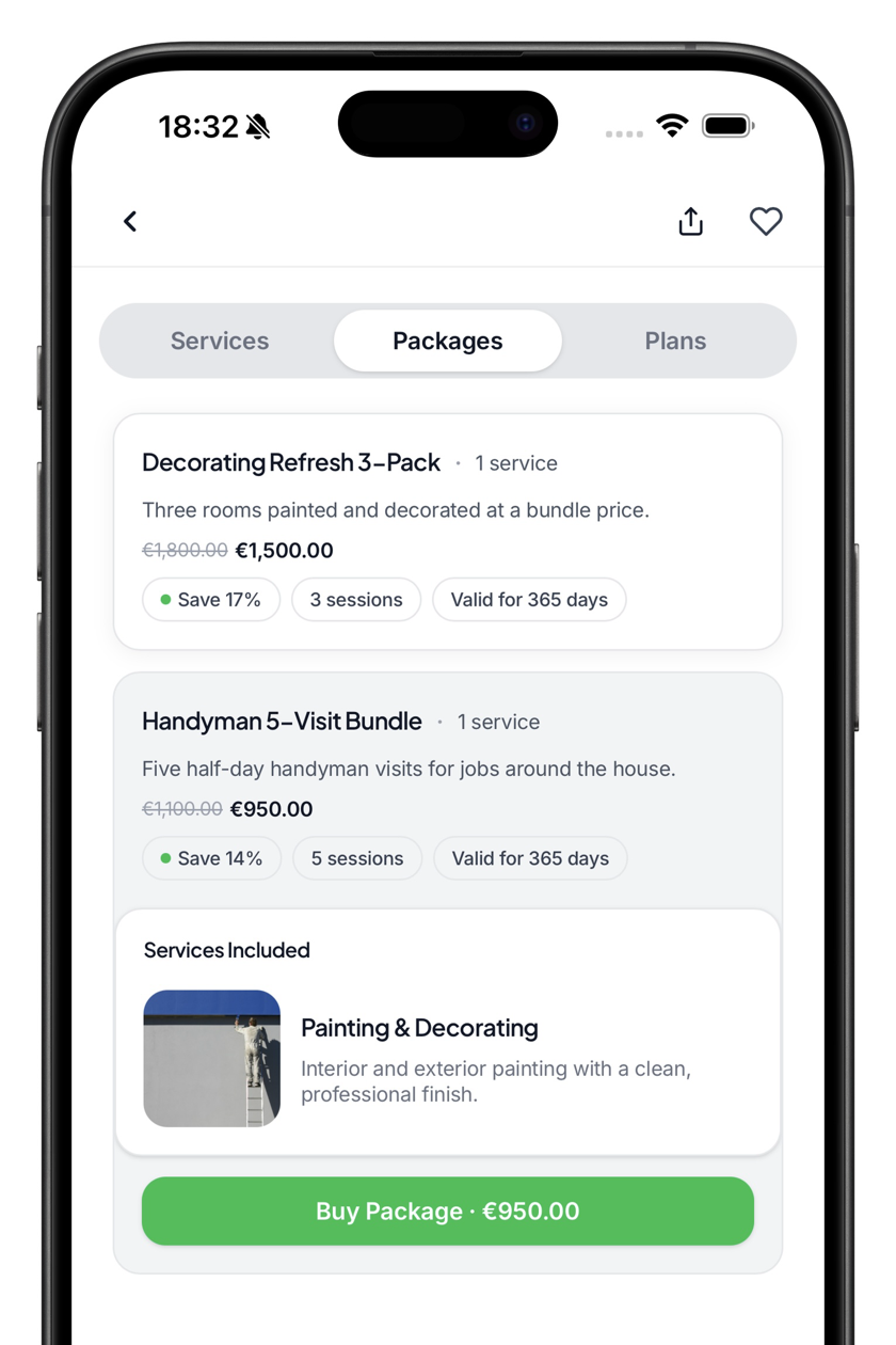 Business page → Packages tab