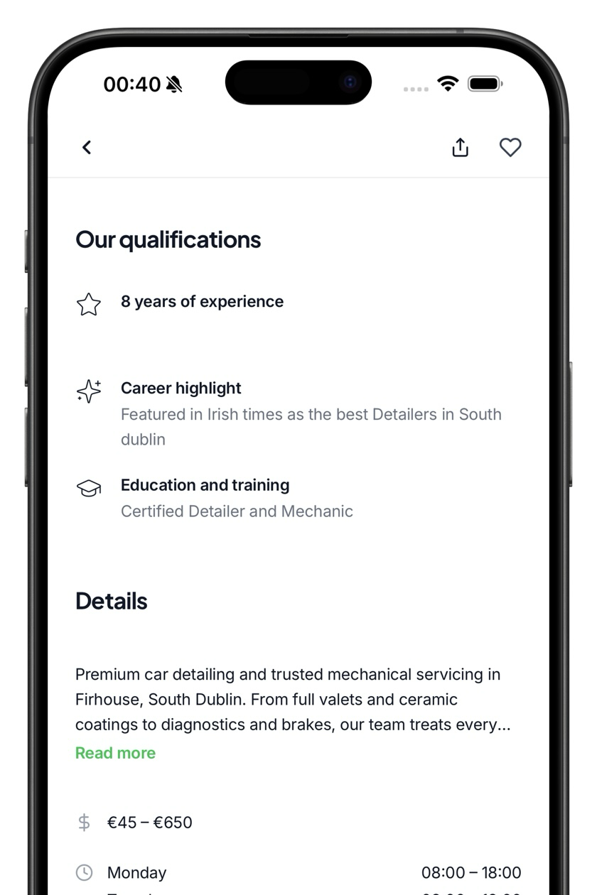 Customer app → business page → qualifications