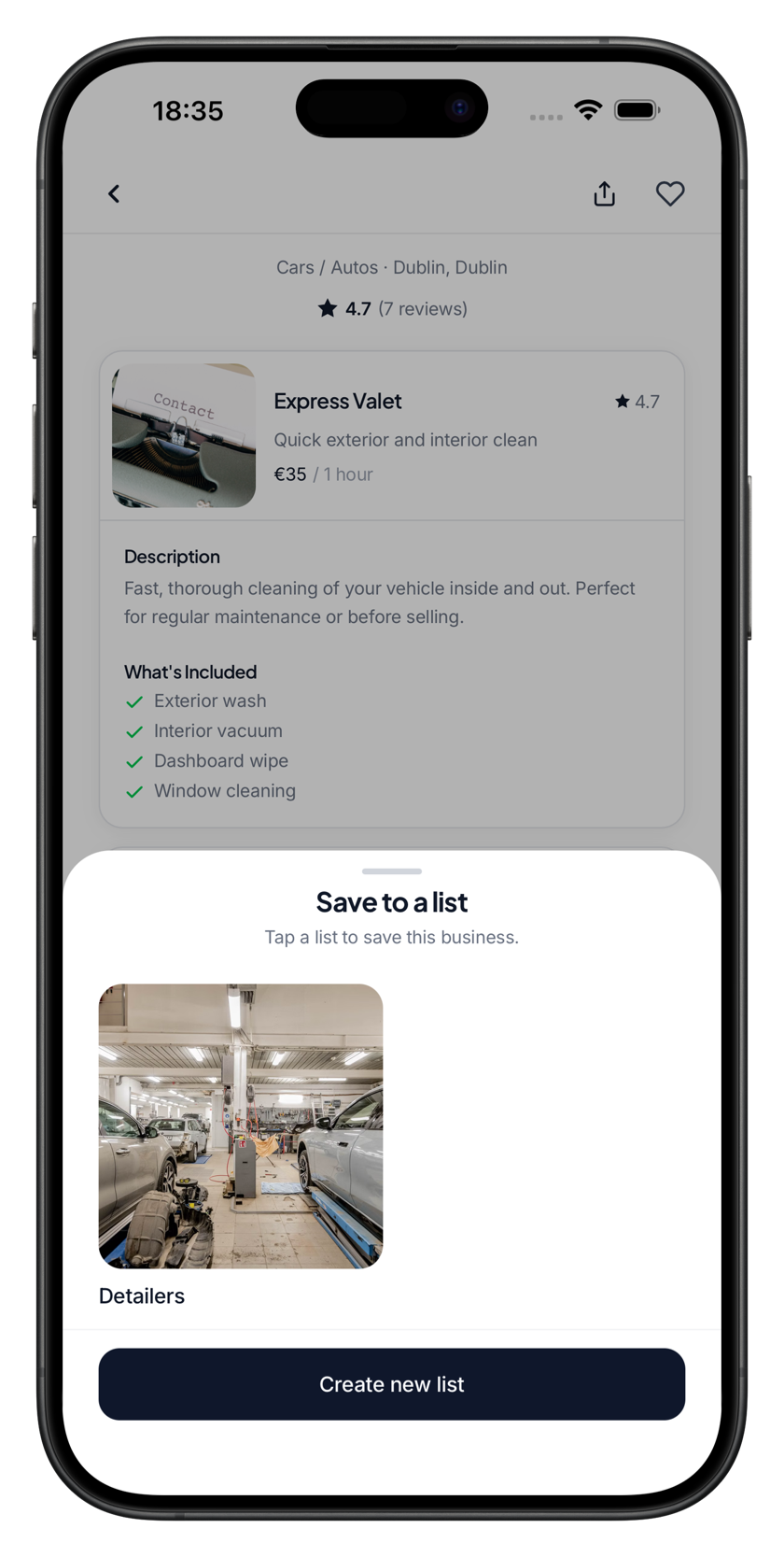 Customer app → business page → Save to a list