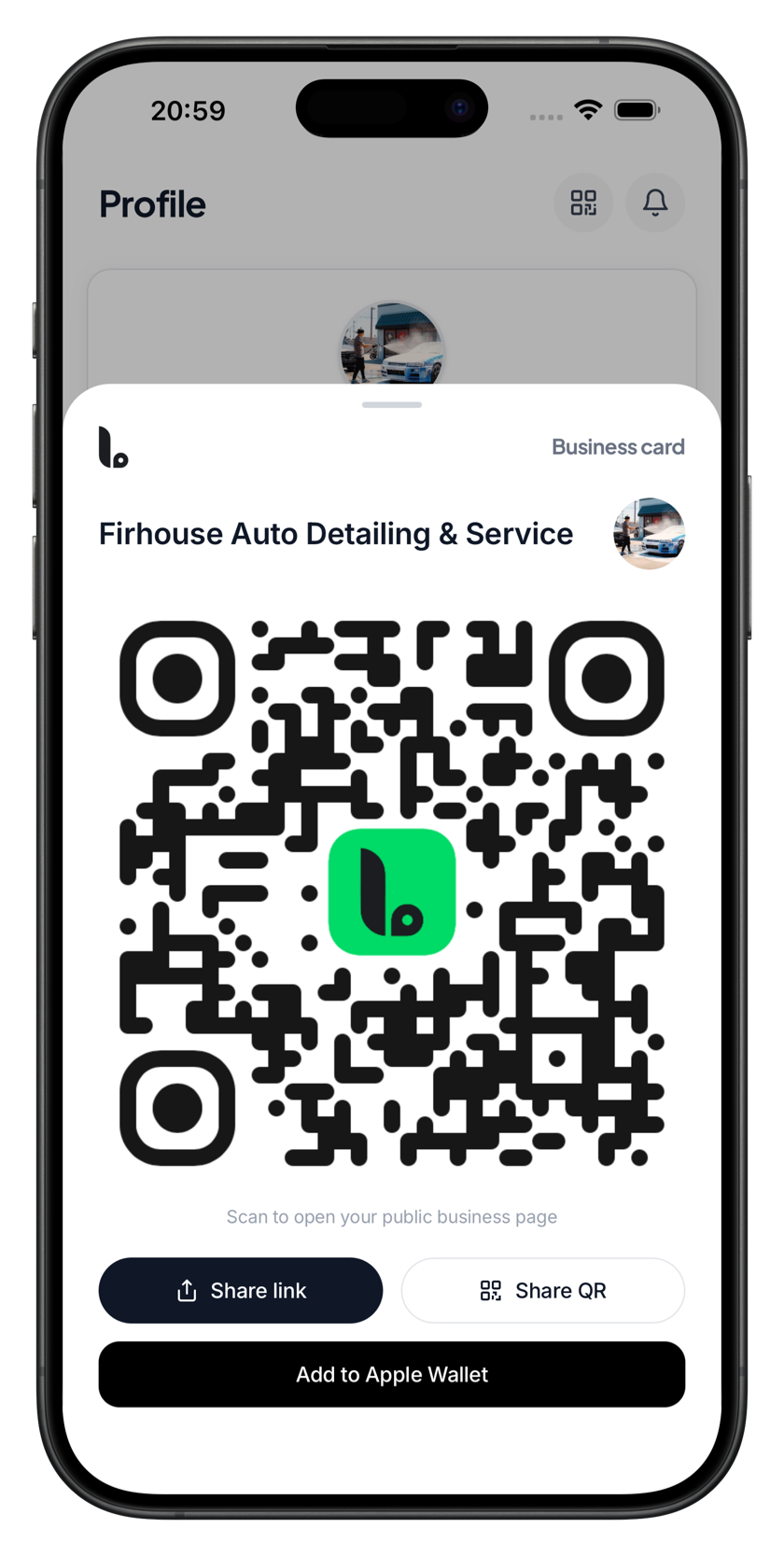 Business app → Profile → QR business card