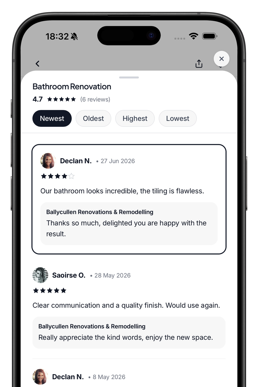 Customer app → service reviews (with business replies)