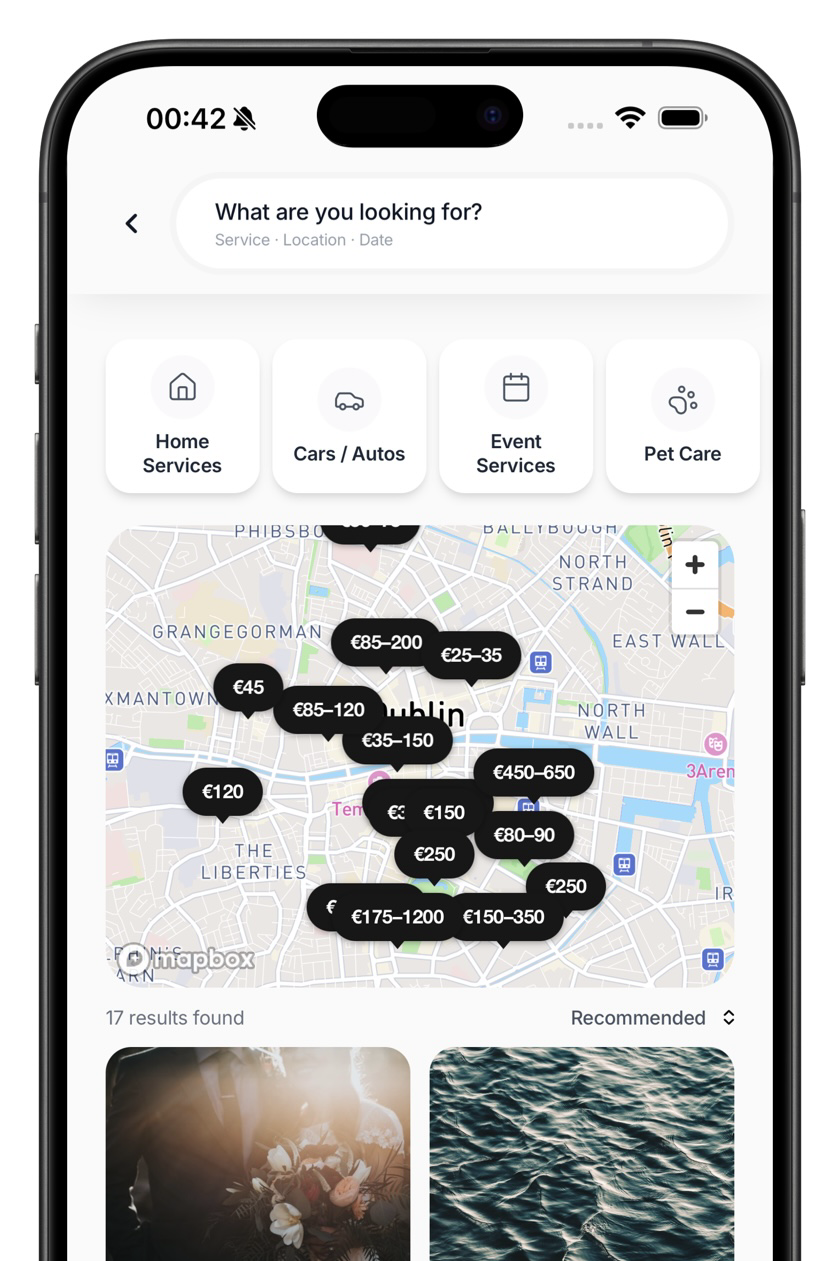 Customer app → search → map + results